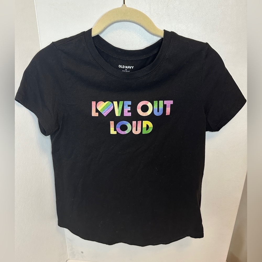 Women's OLD NAVY black and rainbow LOVE OUT LOUD short sleeve Tshirt size XS